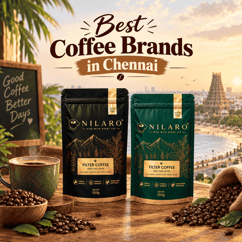 NILARO black and green filter coffee powder pouches with roasted coffee beans and traditional South Indian coffee setup, representing the best coffee brands in Chennai