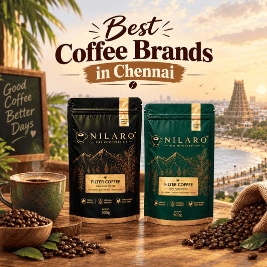 NILARO black and green filter coffee powder pouches with roasted coffee beans and traditional South Indian coffee setup, representing the best coffee brands in Chennai