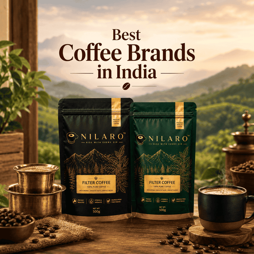 NILARO coffee pouches with South Indian filter coffee setup, representing the best coffee brands in India.