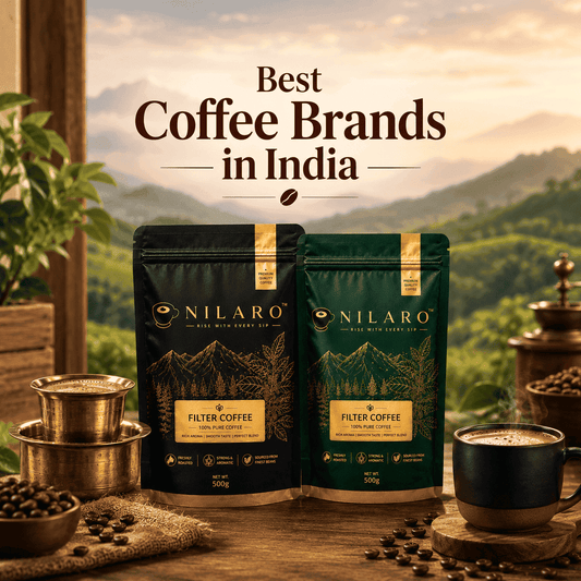 NILARO coffee pouches with South Indian filter coffee setup, representing the best coffee brands in India.