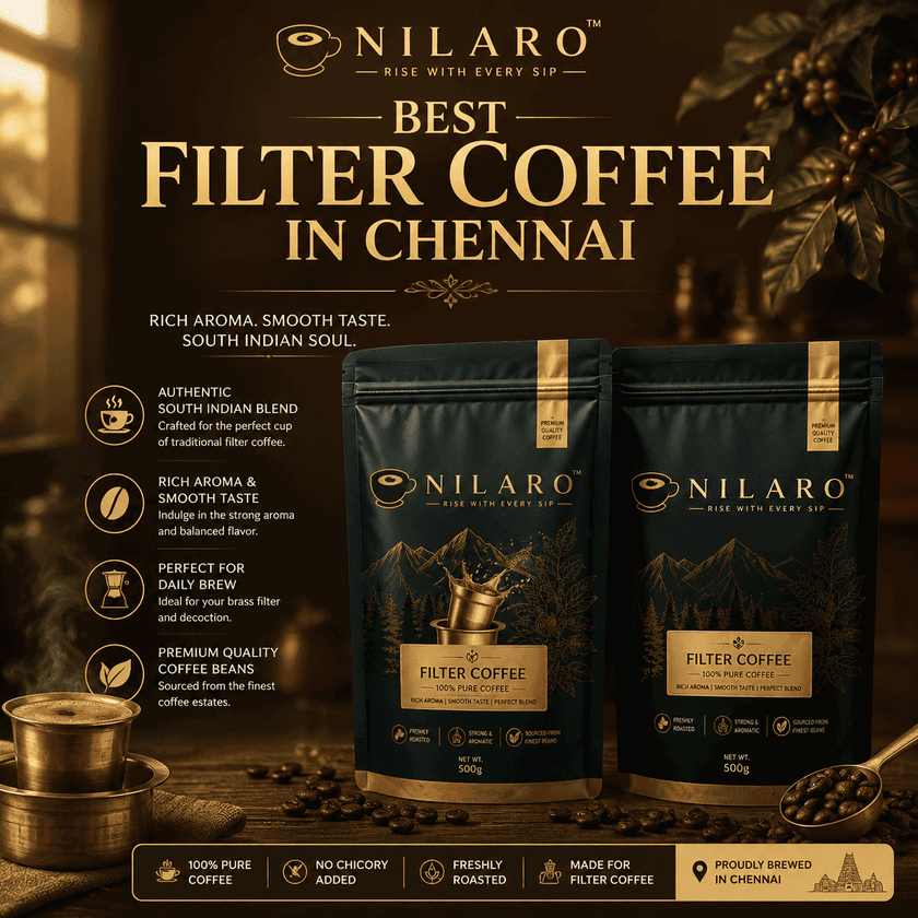 NILARO 100% Pure Filter Coffee pouch with brass South Indian coffee filter and coffee beans in a rustic kitchen setting, representing the best filter coffee in Chennai.