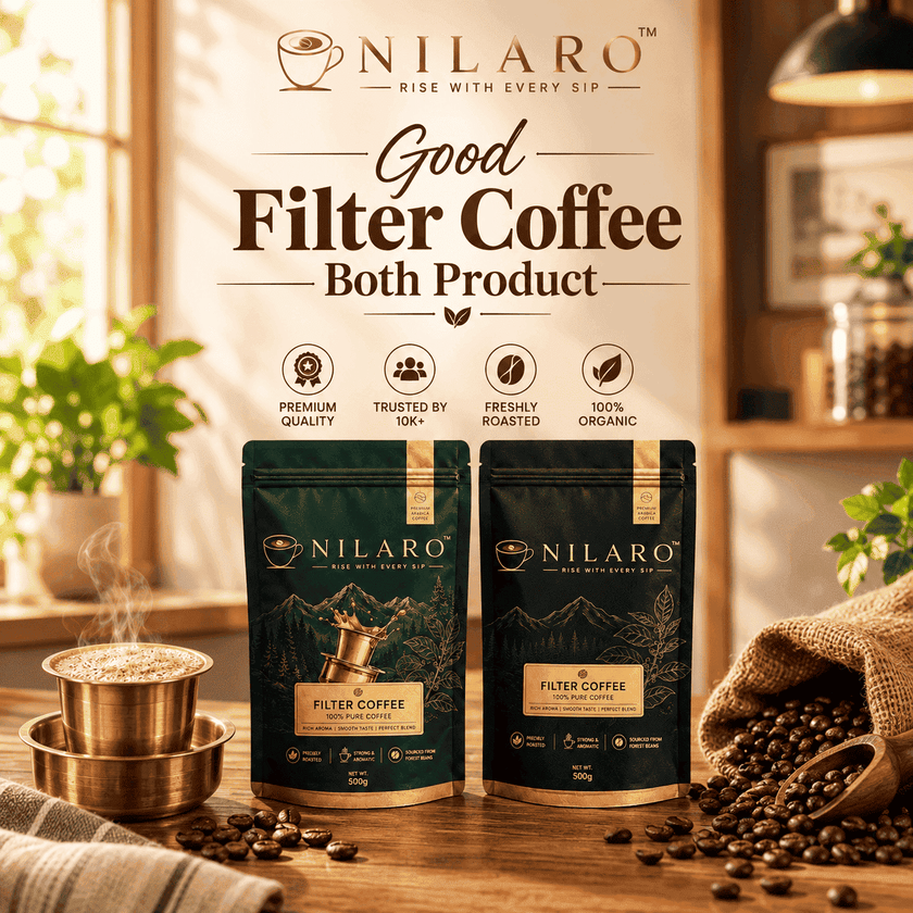NILARO Good Filter Coffee featuring two 500g filter coffee powder packs with traditional South Indian filter coffee, coffee beans, and a warm café-style background.