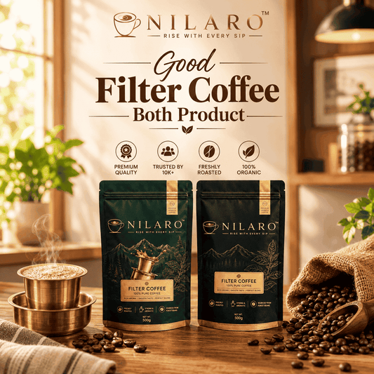NILARO Good Filter Coffee featuring two 500g filter coffee powder packs with traditional South Indian filter coffee, coffee beans, and a warm café-style background.