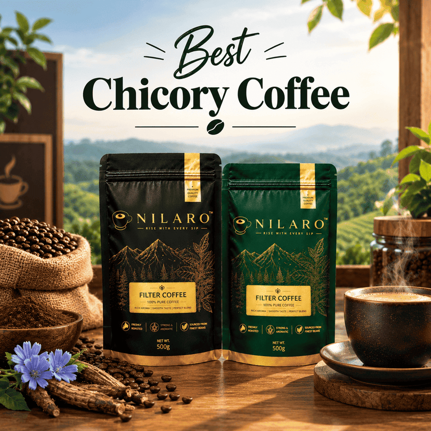 NILARO green and black filter coffee powder packs representing the best chicory coffee, with roasted coffee beans and a premium coffee ambience.