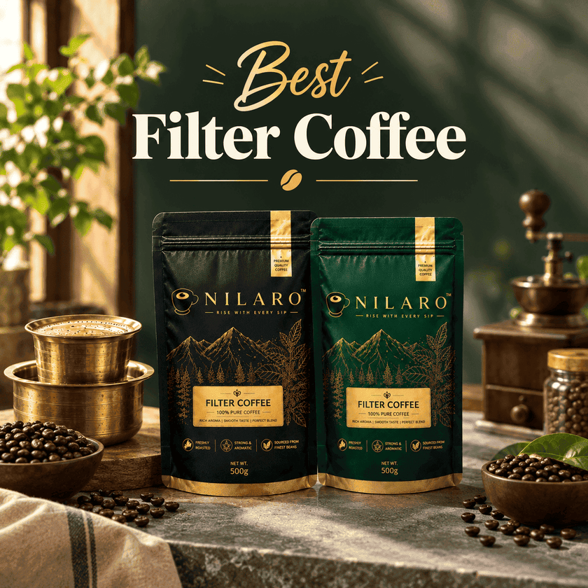 NILARO black and green filter coffee powder pouches with traditional South Indian coffee setup, roasted coffee beans and warm kitchen ambience.