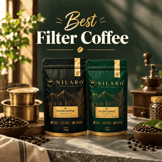 NILARO black and green filter coffee powder pouches with traditional South Indian coffee setup, roasted coffee beans and warm kitchen ambience.